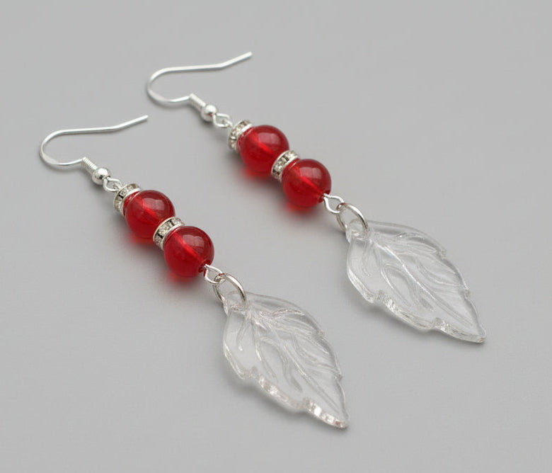 Red Pierced Earrings with Leaf