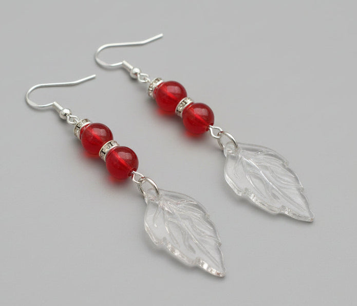 Red Pierced Earrings with Leaf