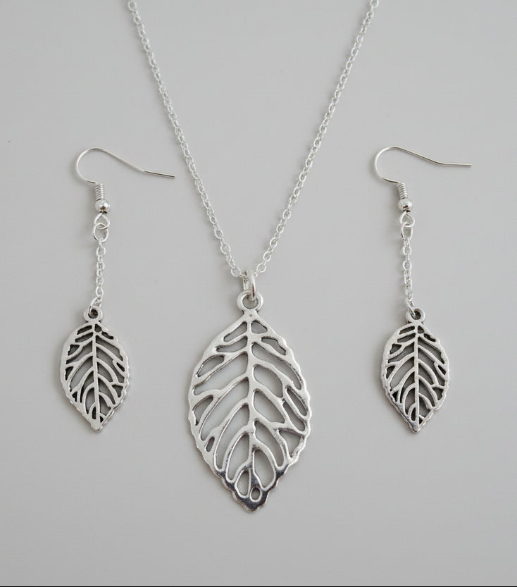 Silver Plated Leaf Necklace & Earrings