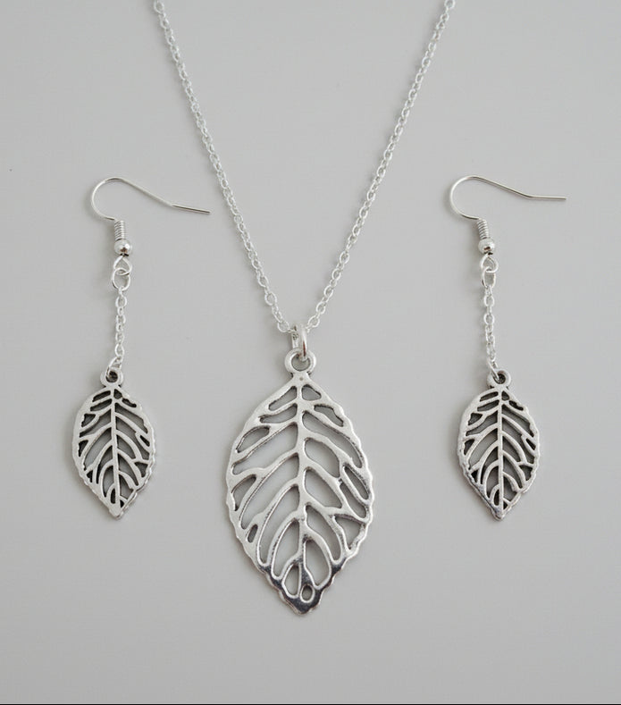 Silver Plated Leaf Necklace & Earrings