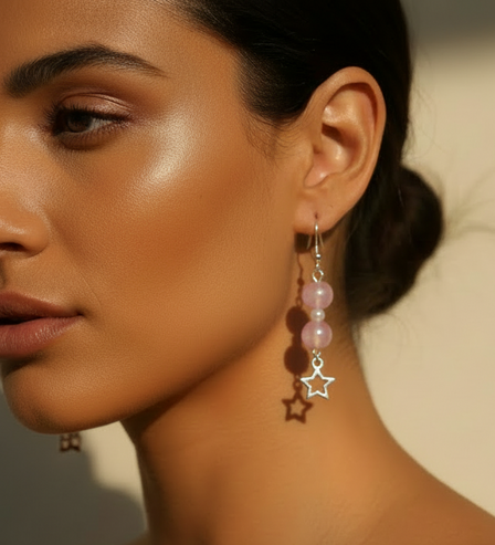 Sterling Silver Pink Beads and Stars Earrings