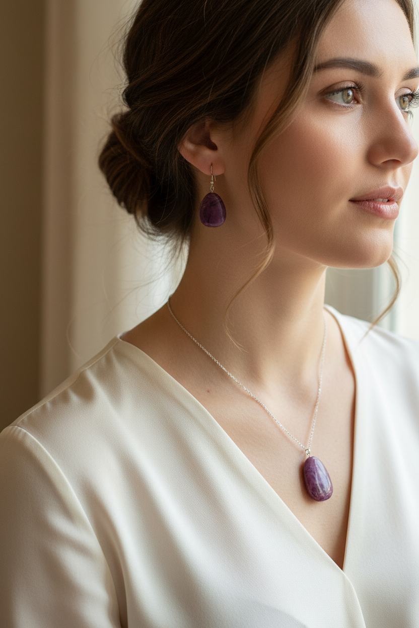 Purple stone pendant necklace and earrings worn as a lifestyle shot in natural light