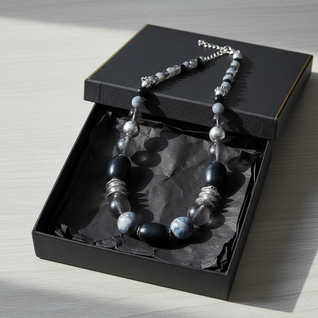 Shades of Black Grey & Silver Rescued Necklace in gift box