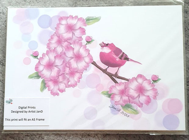 Pink Bird on Branch of Pink Flowers A5