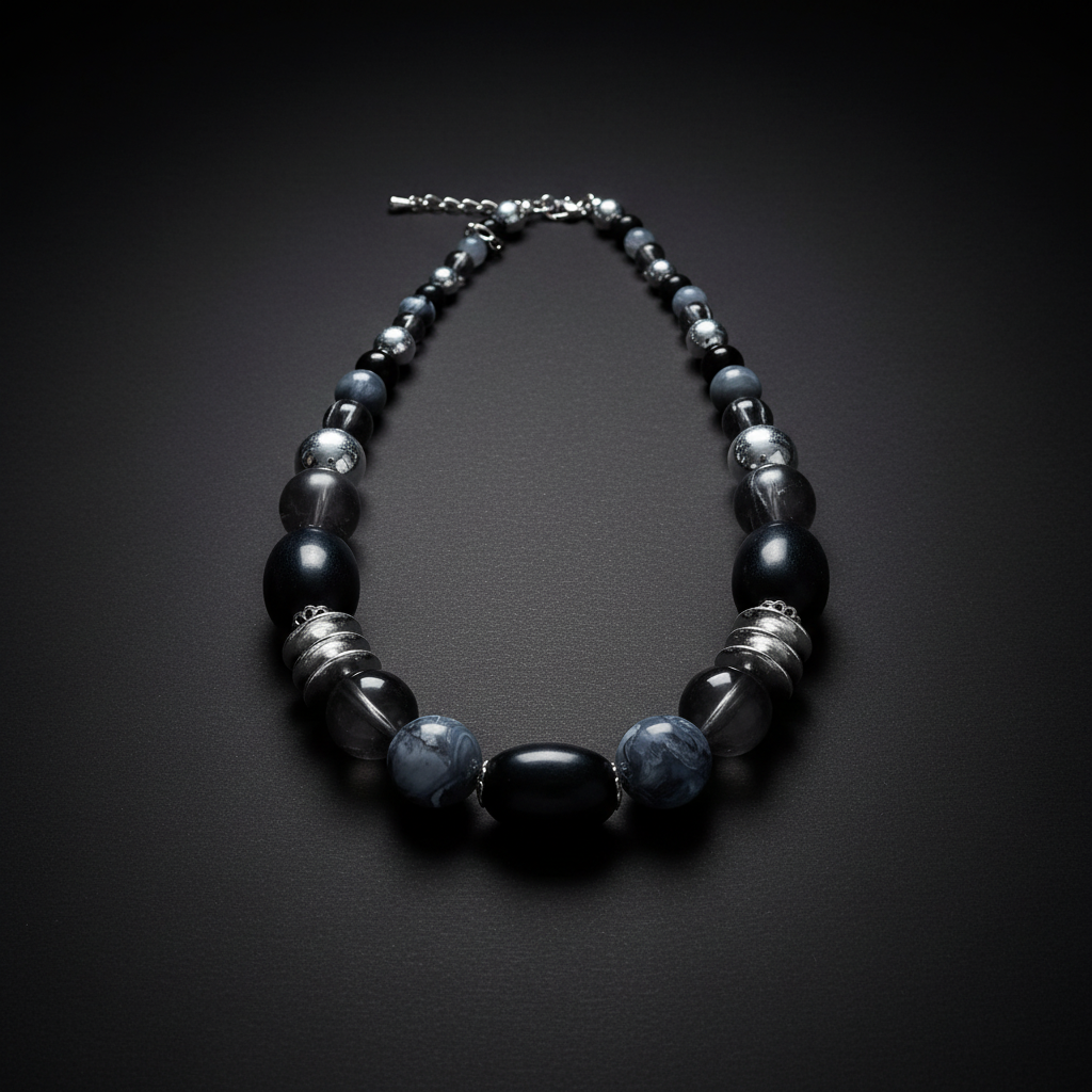 Shades of Black Grey & Silver Rescued Necklace dark moody background