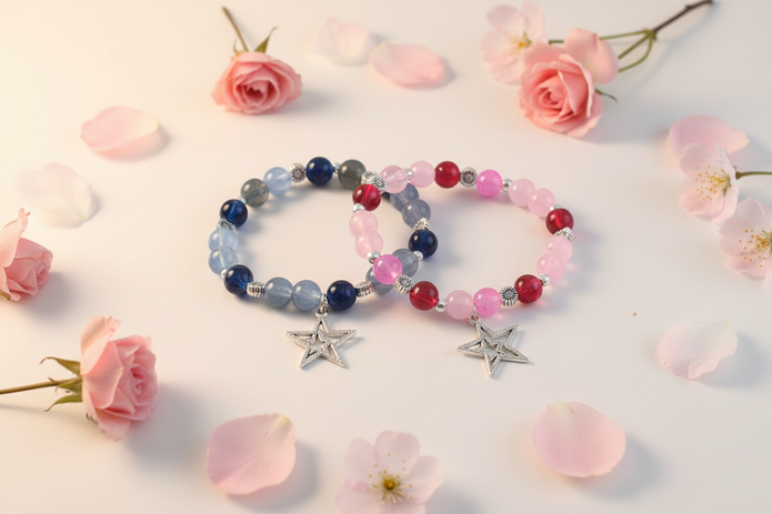 Blue and Pink Star Bracelets Floral Flat Lay