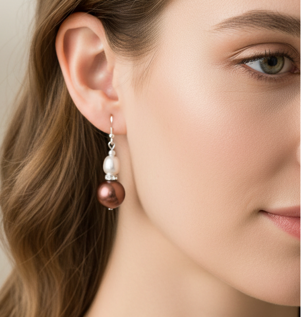 Brown Pearl Earrings on Model