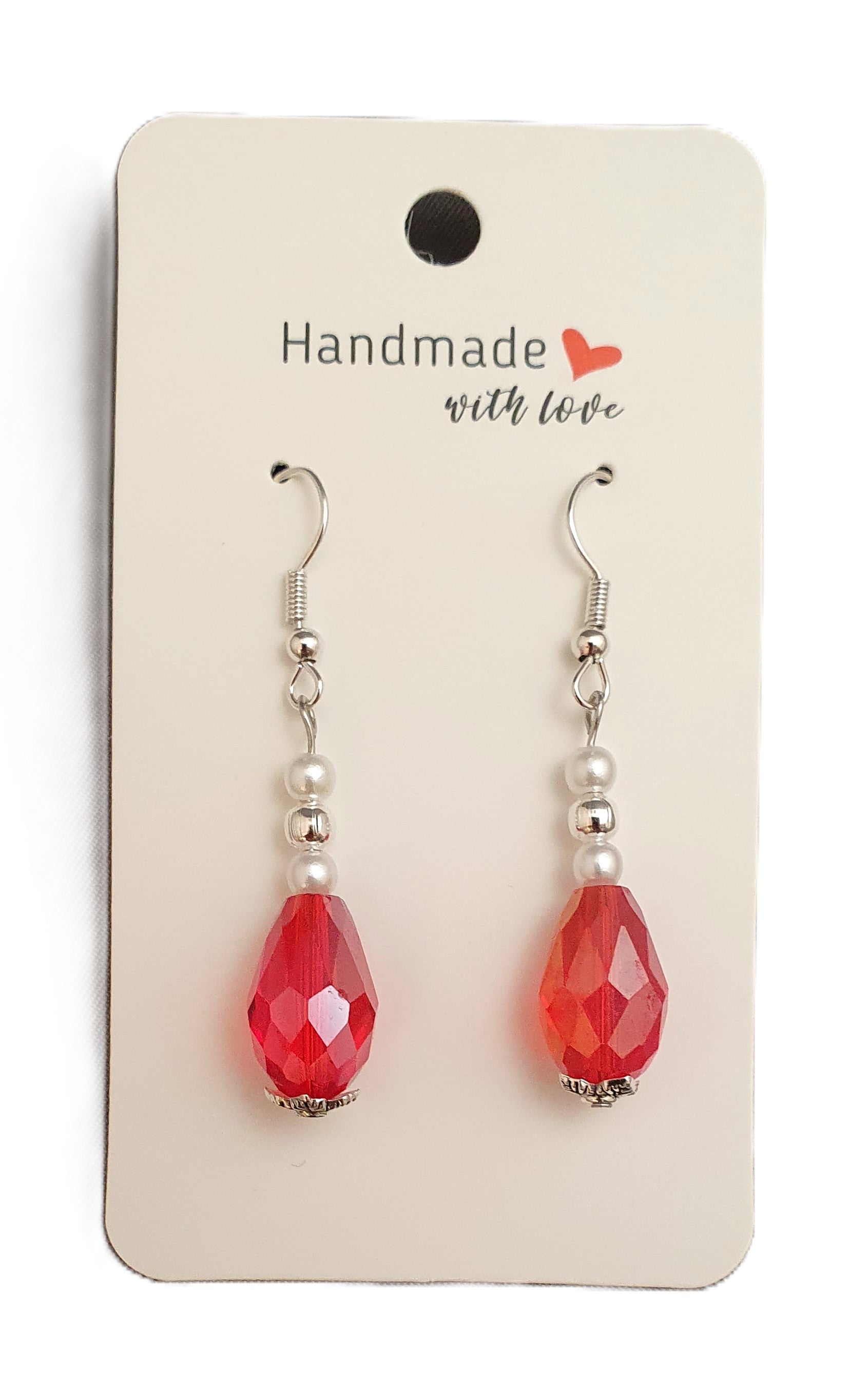 Handmade Classic Teardrop Red and Pearl Pierced Earrings - Arts Crafts Shack