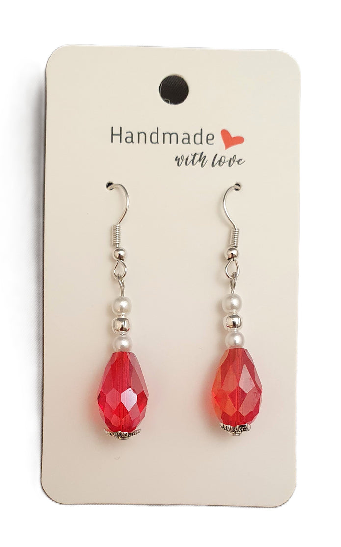 Handmade Classic Teardrop Red and Pearl Pierced Earrings - Arts Crafts Shack
