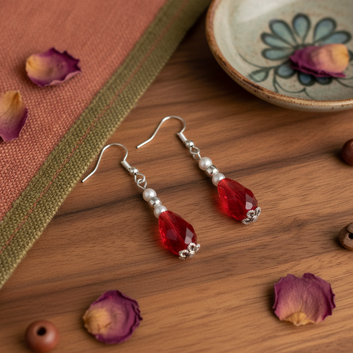 Handmade Classic Teardrop Red and Pearl Pierced Earrings - Arts Crafts Shack