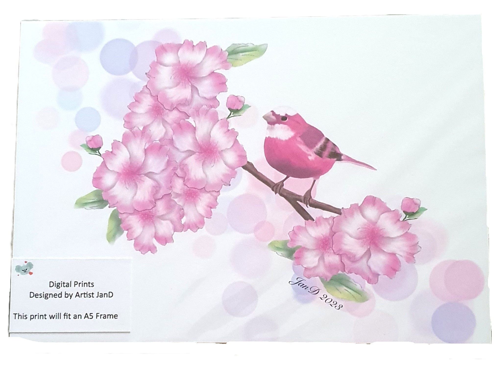 Digital A5 Pink Bird on Branch A5