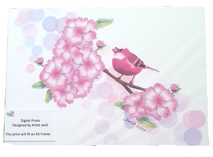 Digital A5 Pink Bird on Branch A5