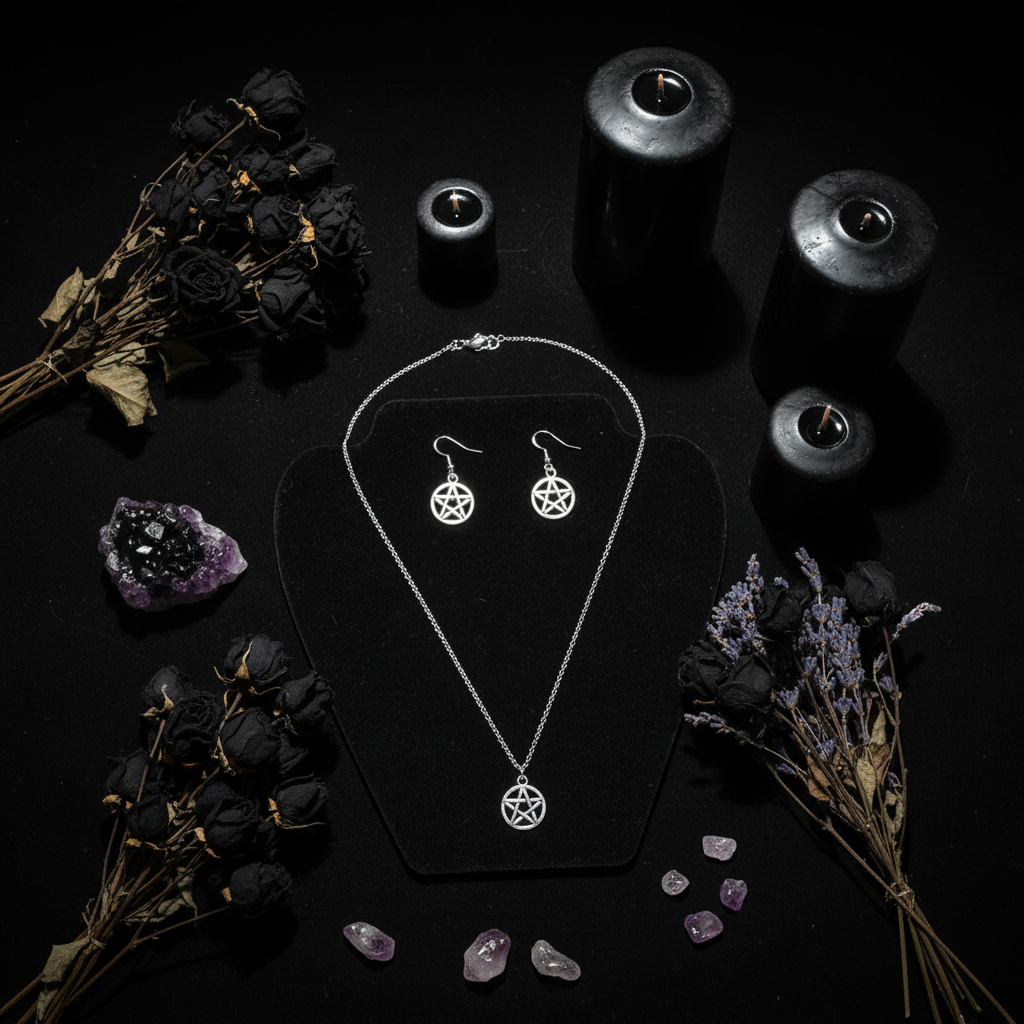 Gothic flat lay of pentacle jewellery set