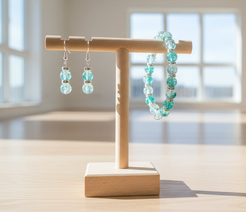 Green Crackle Glass Bracelet and Earrings