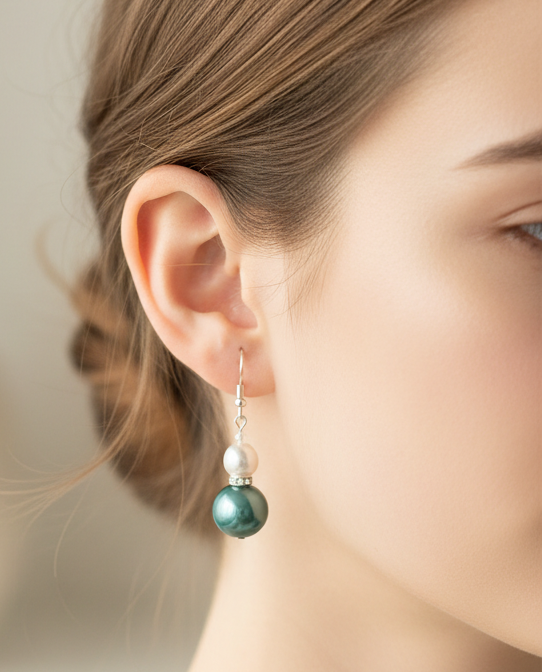 Green Pearl Earrings on Model