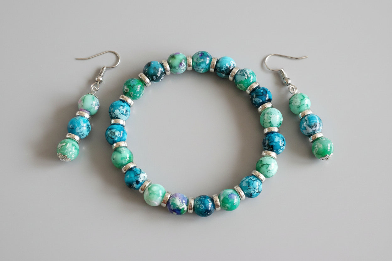 Green Silver Bracelet Earrings