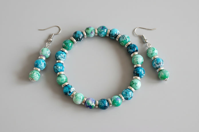 Green Silver Bracelet Earrings