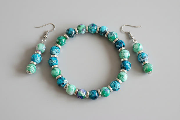 Green Silver Bracelet Earrings