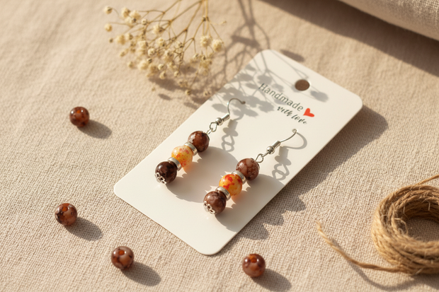Handmade Brown Orange Beaded Earrings