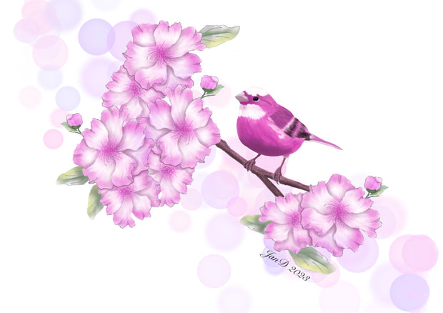 Handmade Pink Bird on Pink Flowers A