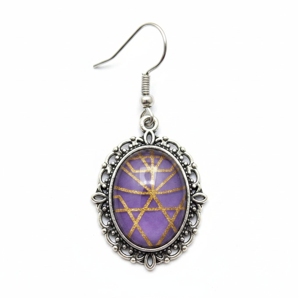 Gothic purple glass earring close-up detail shot
