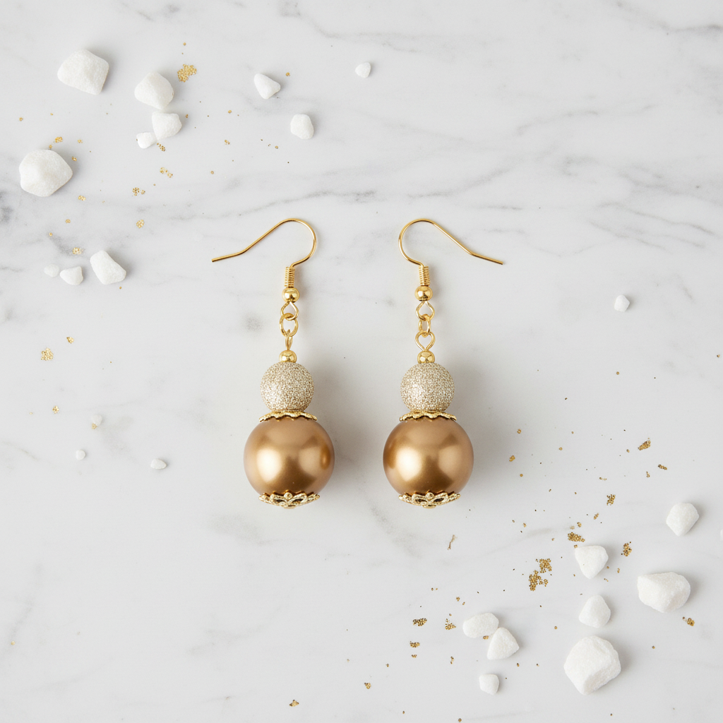 Gold pearl drop earrings flat lay on white marble