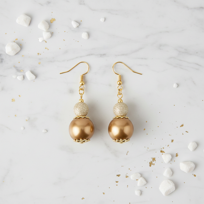Gold pearl drop earrings flat lay on white marble