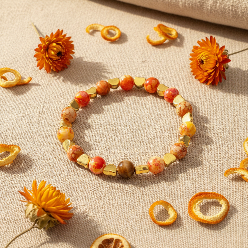 Orange marbled bead and gold heart bracelet flat lay on sandy linen with dried orange flowers