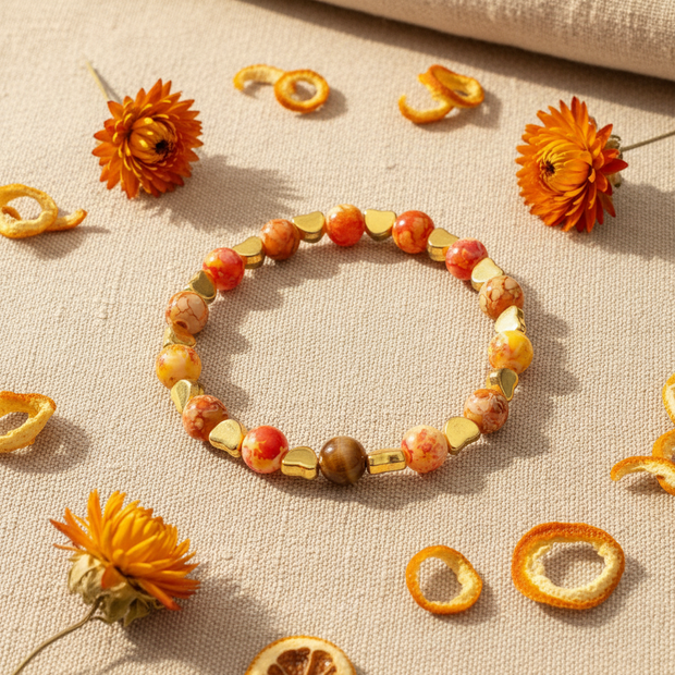 Orange marbled bead and gold heart bracelet flat lay on sandy linen with dried orange flowers
