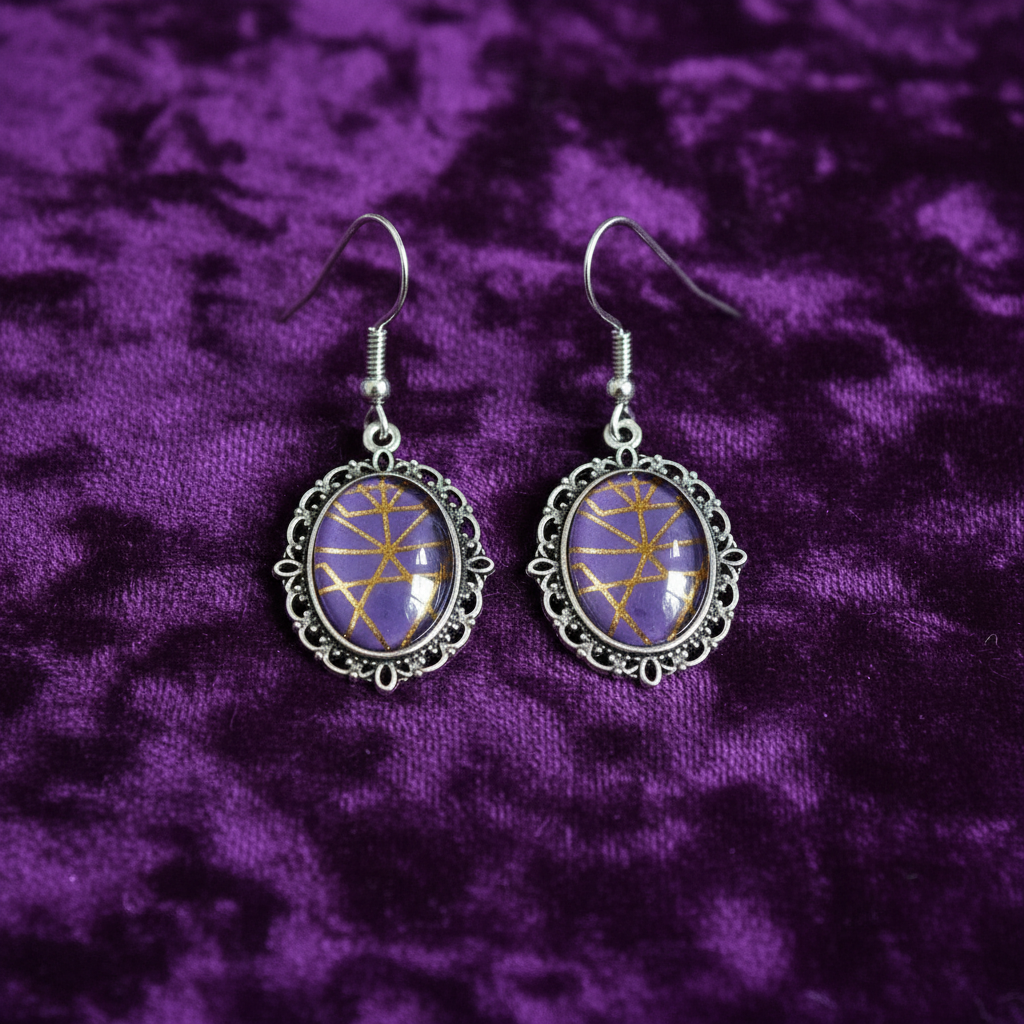 Gothic purple glass earrings flat lay on dark velvet