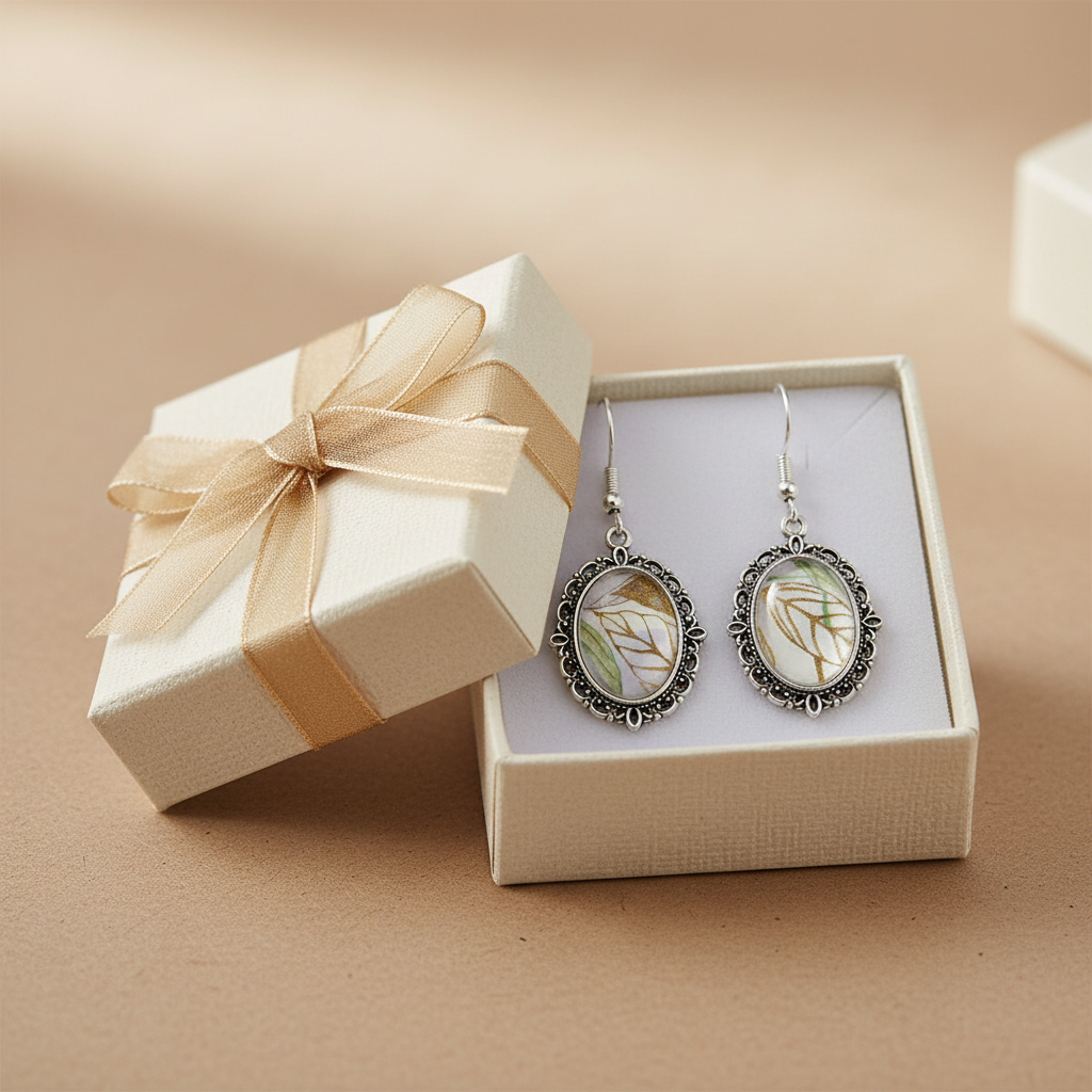 Botanical leaf cabochon drop earrings displayed on jewellery gift box with ribbon