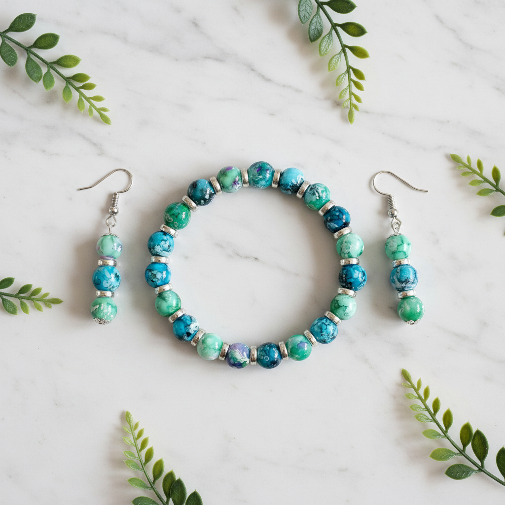 Flat lay of turquoise and green marbled bracelet and earrings set with green leaf props