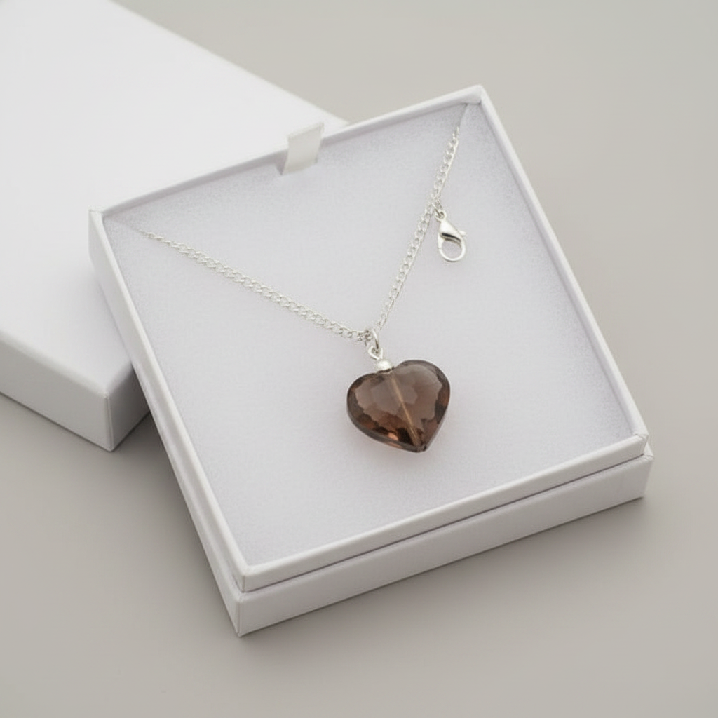 Smoky brown glass heart pendant necklace in open white gift box