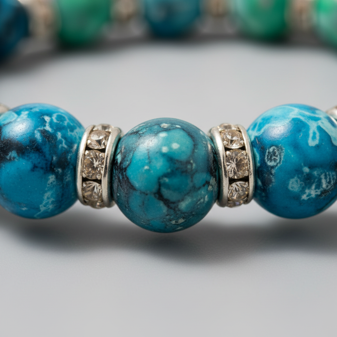 Macro close-up of turquoise and green marbled beads with diamante silver spacer rings
