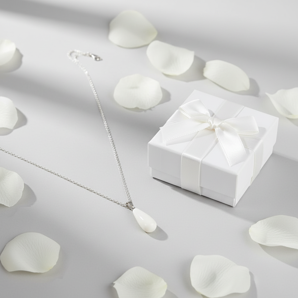 White teardrop necklace with gift box and flower petals