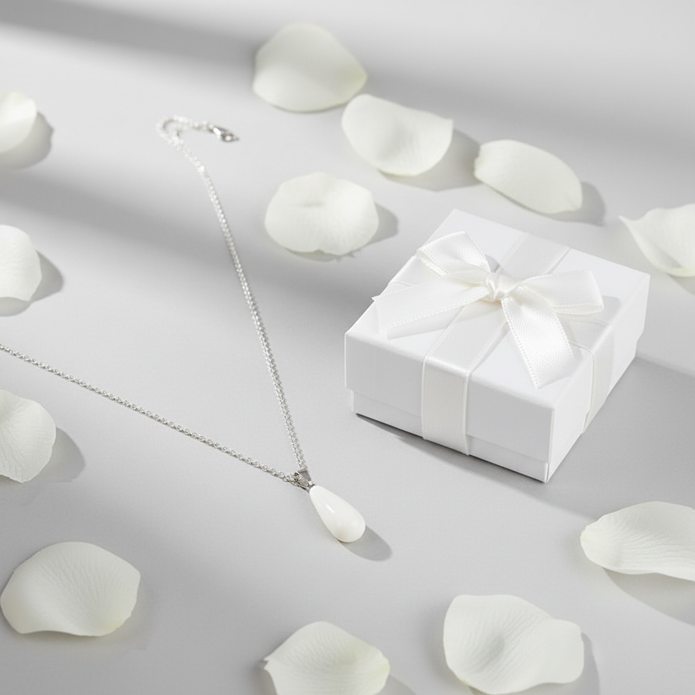 White teardrop necklace with gift box and flower petals