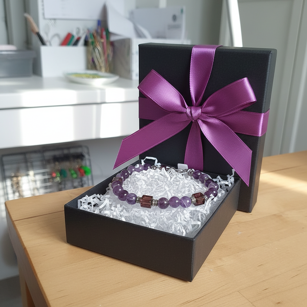 Purple and brown beaded necklace with silver spacers gift wrapped in white tissue paper with purple ribbon in a jewellery box