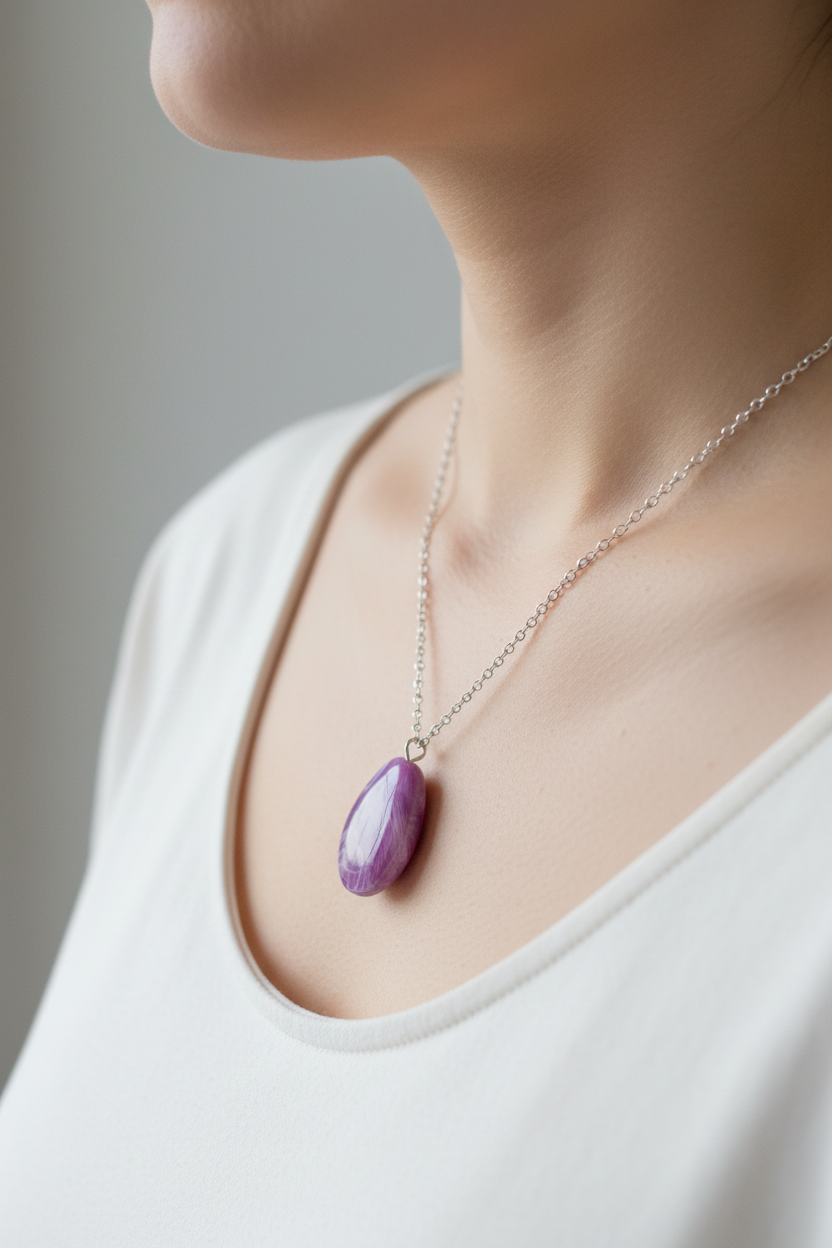 Rescued and remade purple marbled pendant necklace worn on a model