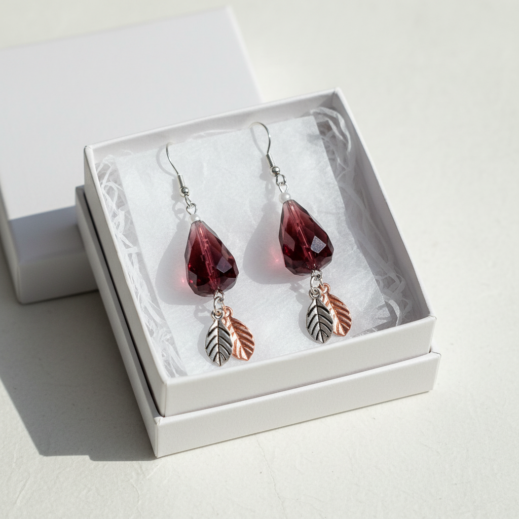Burgundy crystal teardrop earrings presented in a white gift box with tissue paper