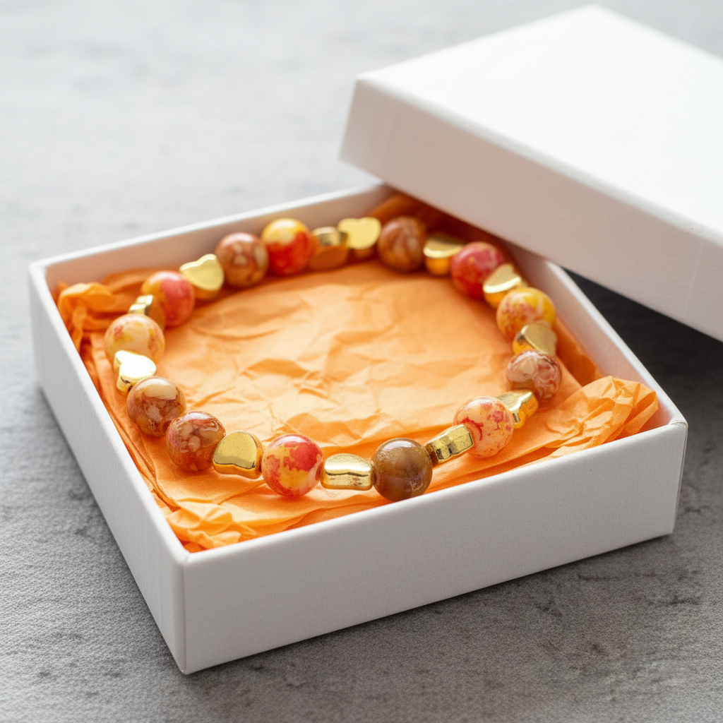 Orange and gold heart bracelet presented in a white gift box with orange tissue paper
