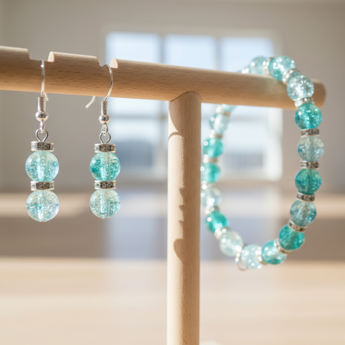 Close-up detail of teal aqua crackle glass beads with silver rhinestone spacers