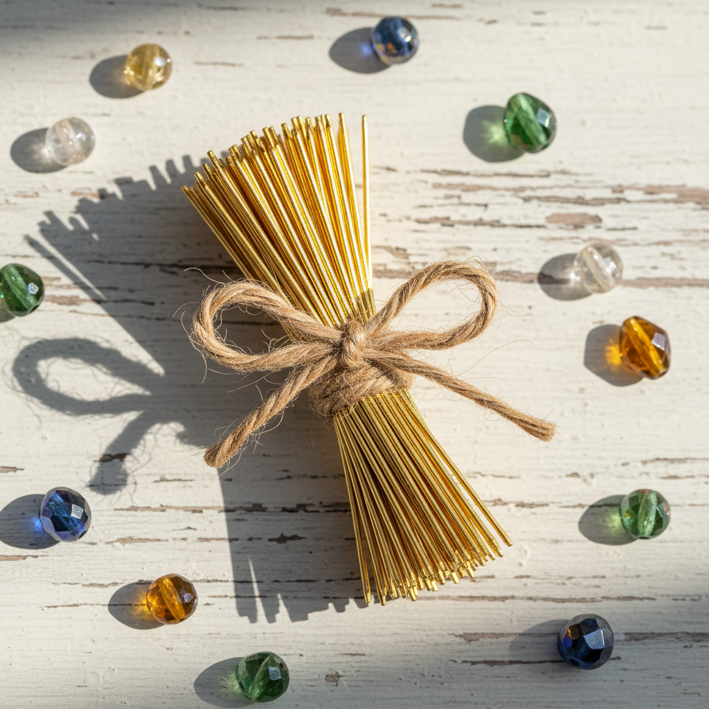 Bundle of gold coloured headpins tied with twine alongside scattered glass beads