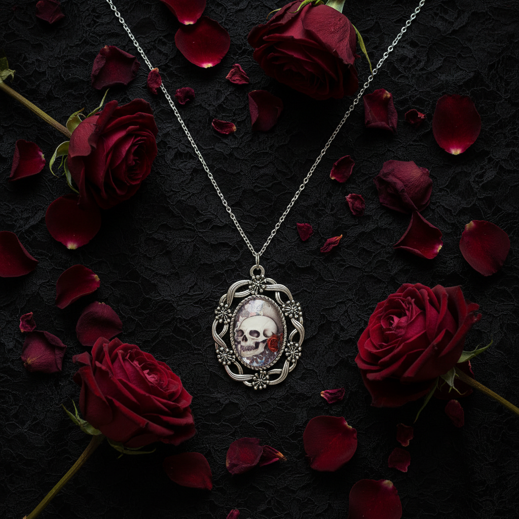 Gothic skull and rose cameo pendant necklace flat lay on black lace with red roses, dark gothic styling