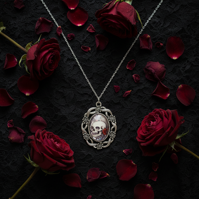 Gothic skull and rose cameo pendant necklace flat lay on black lace with red roses, dark gothic styling
