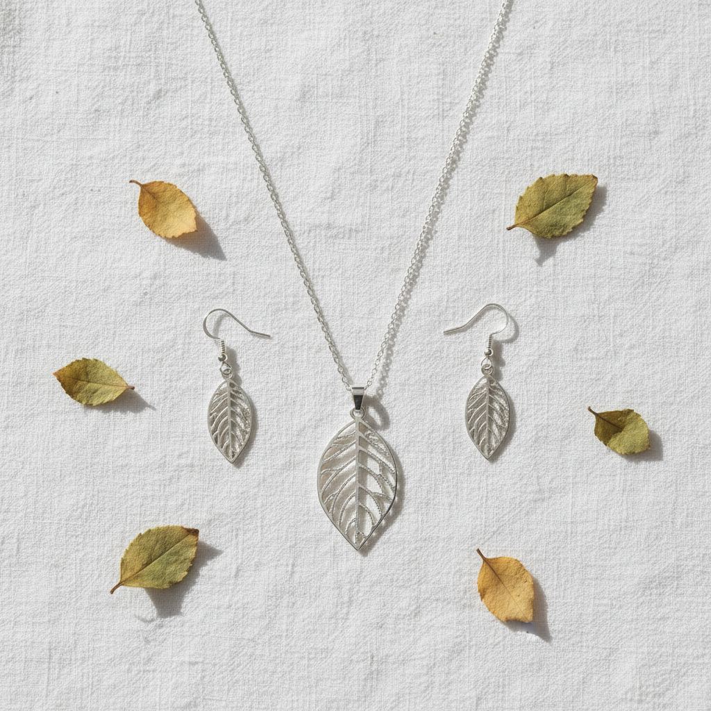 Silver filigree leaf necklace and earrings set flat lay on white linen with autumn leaves