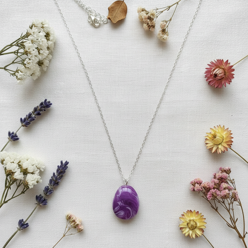 Rescued and remade purple marbled pendant necklace flat lay with dried flowers
