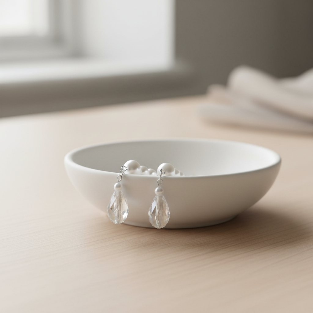 Sterling silver pearl and crystal teardrop earrings on white ceramic jewellery stand