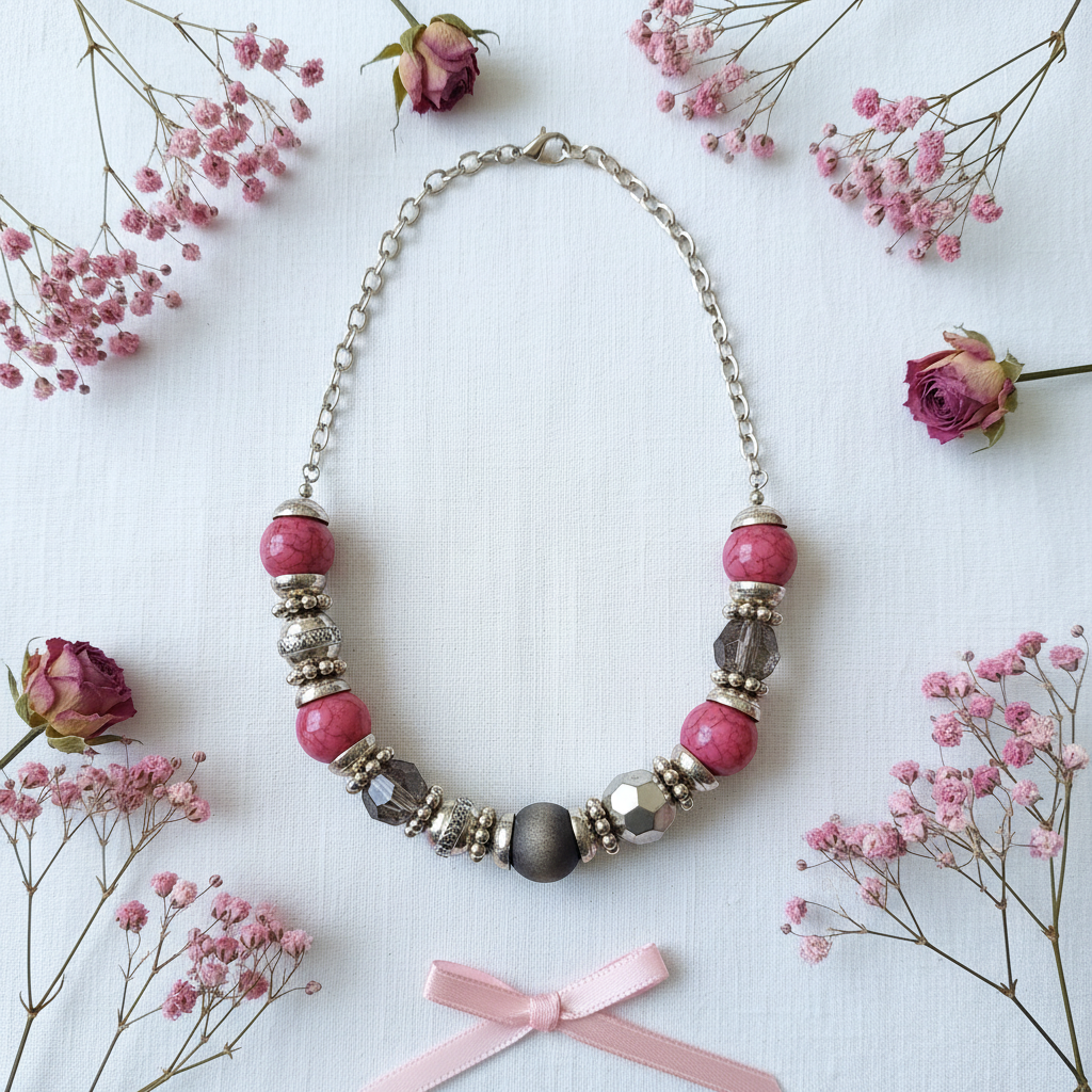 Rescued & Remade pink crackle necklace gift flat lay on white linen with pink dried flowers and ribbon