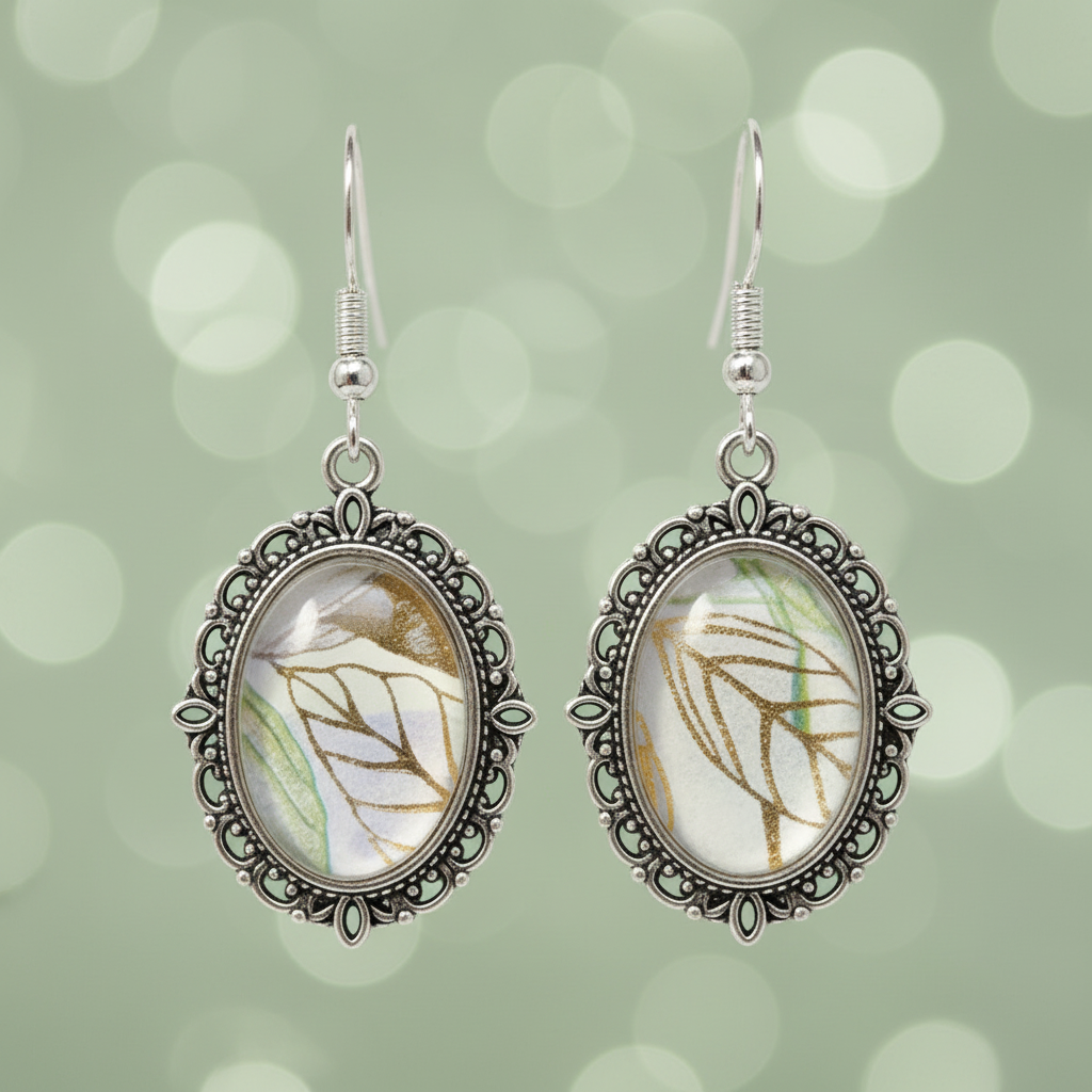 Close-up detail of botanical leaf cabochon drop earrings showing silver filigree metalwork