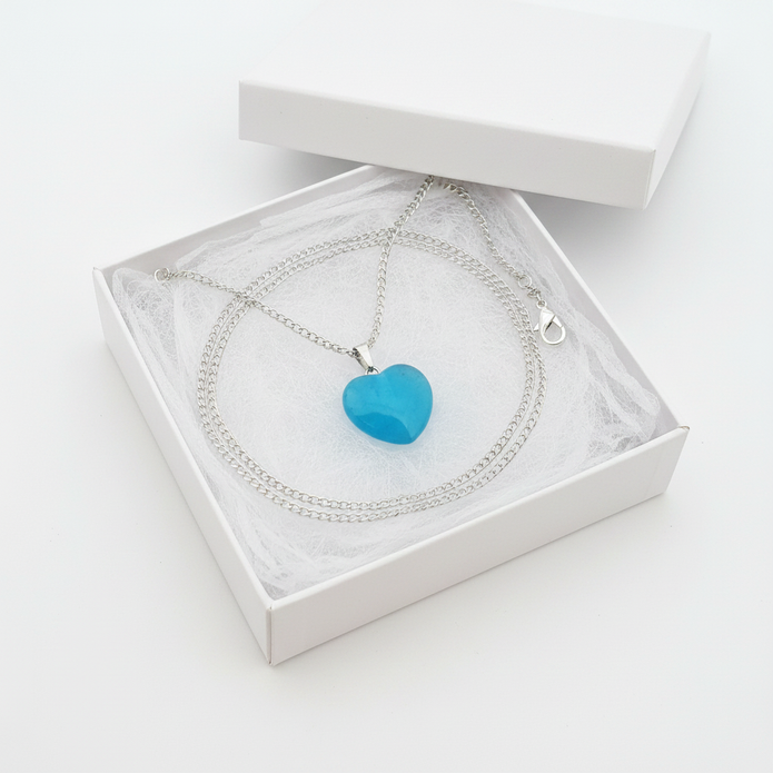 Turquoise blue glass heart pendant necklace in open white gift box